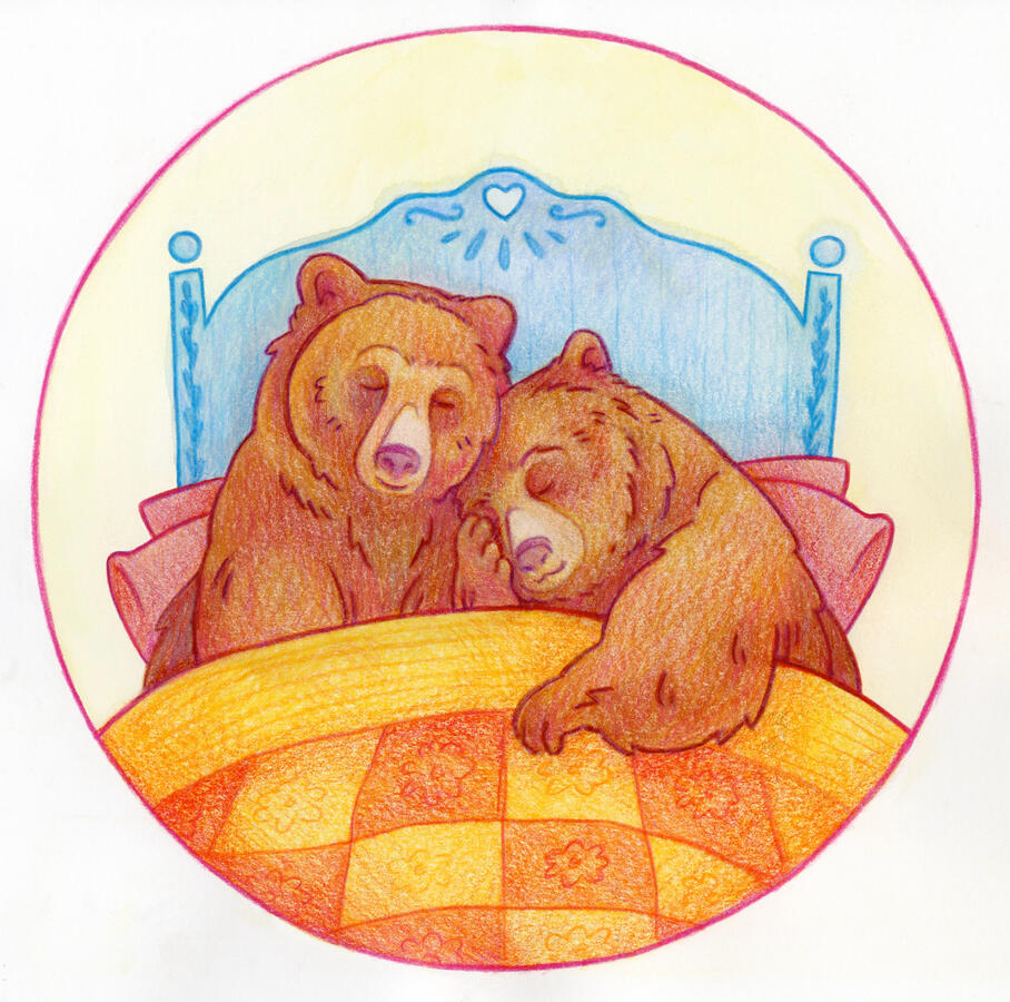A pencil colour illustration of two bears cuddling under a yellow and orange quilt.