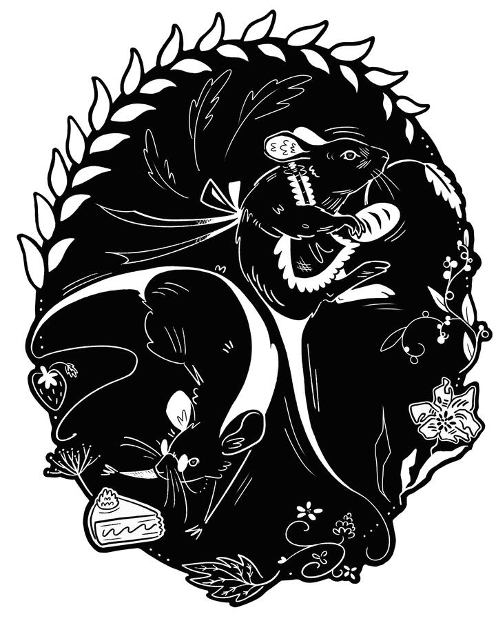 A linocut illustration of the fable 'the country mouse and the town mouse'. One is wearing a ruffled apron and holding a loaf of bread. The other is wearing glasses and reaching for a slice of cake, one of many foods decorating the border of this piece.