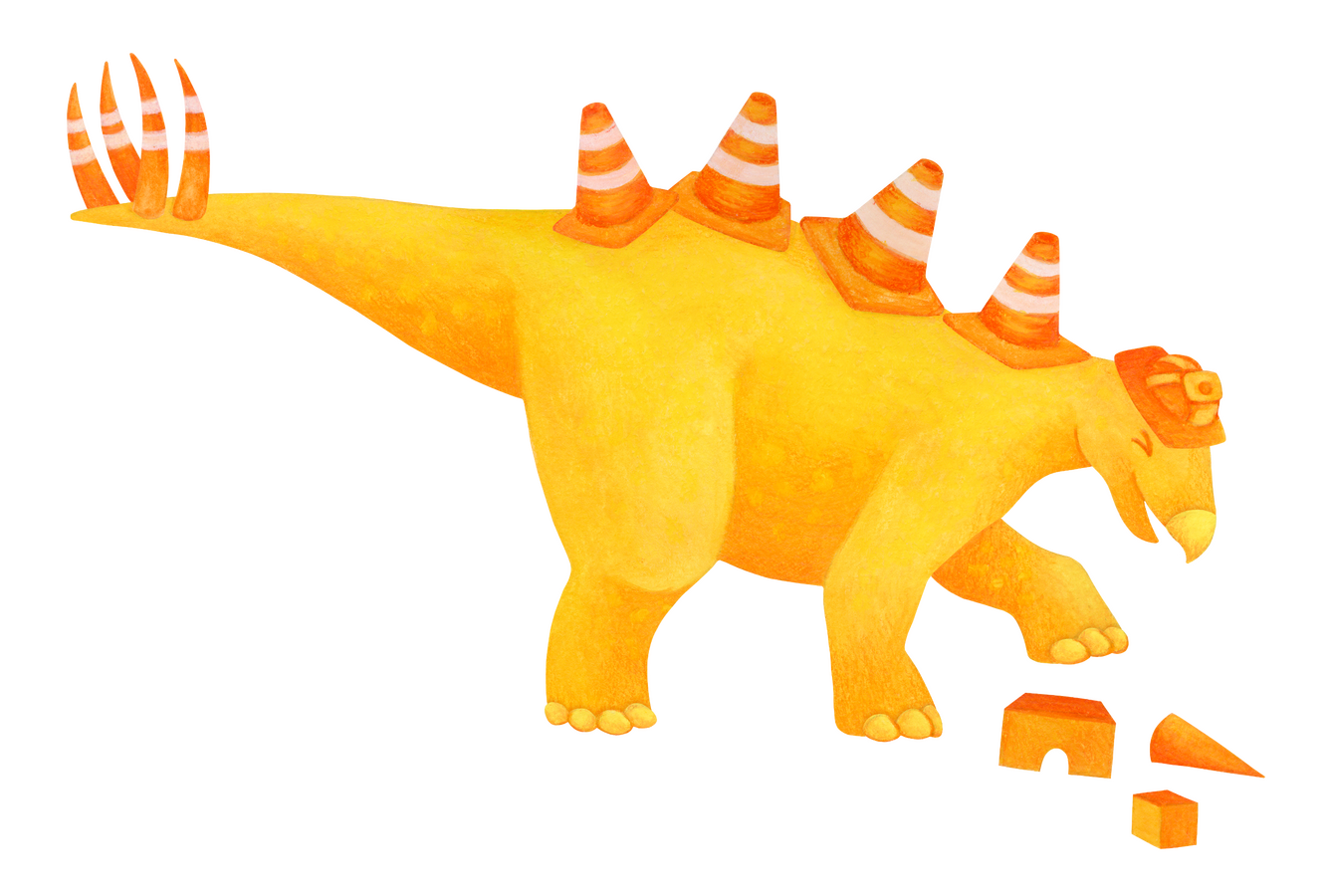 A traditional illustration of a yellow stegosaurus with orange pylons in place of their scutes. They are wearing a construction hat, their tail spikes are painted like pylons, and they are playing with building blocks.